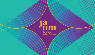 janm benefit and online auction on purple with green concentris circles in the corners